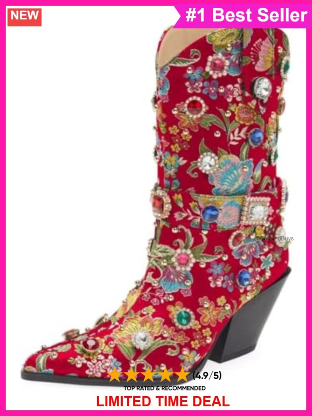 Western Cowboy Boots Flower Embroidered Rhinestone Mid Calf Pointed Toe Chunky